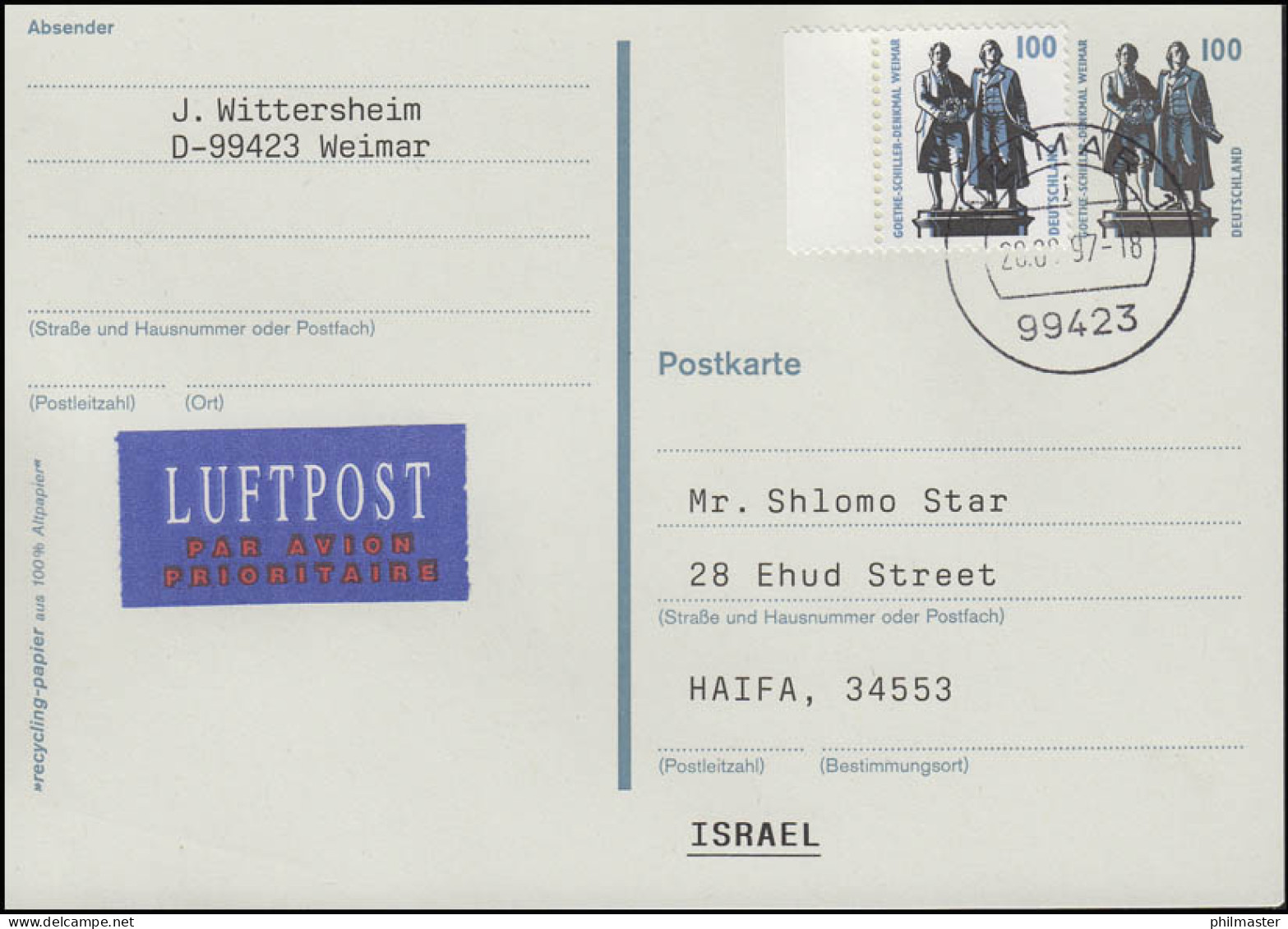 Postkarte P 157 Goethe-Schiller-Denkmal +1934A SWK Luftpost-FDC Weimar 28.8.1997 - Cartes Postales - Neuves