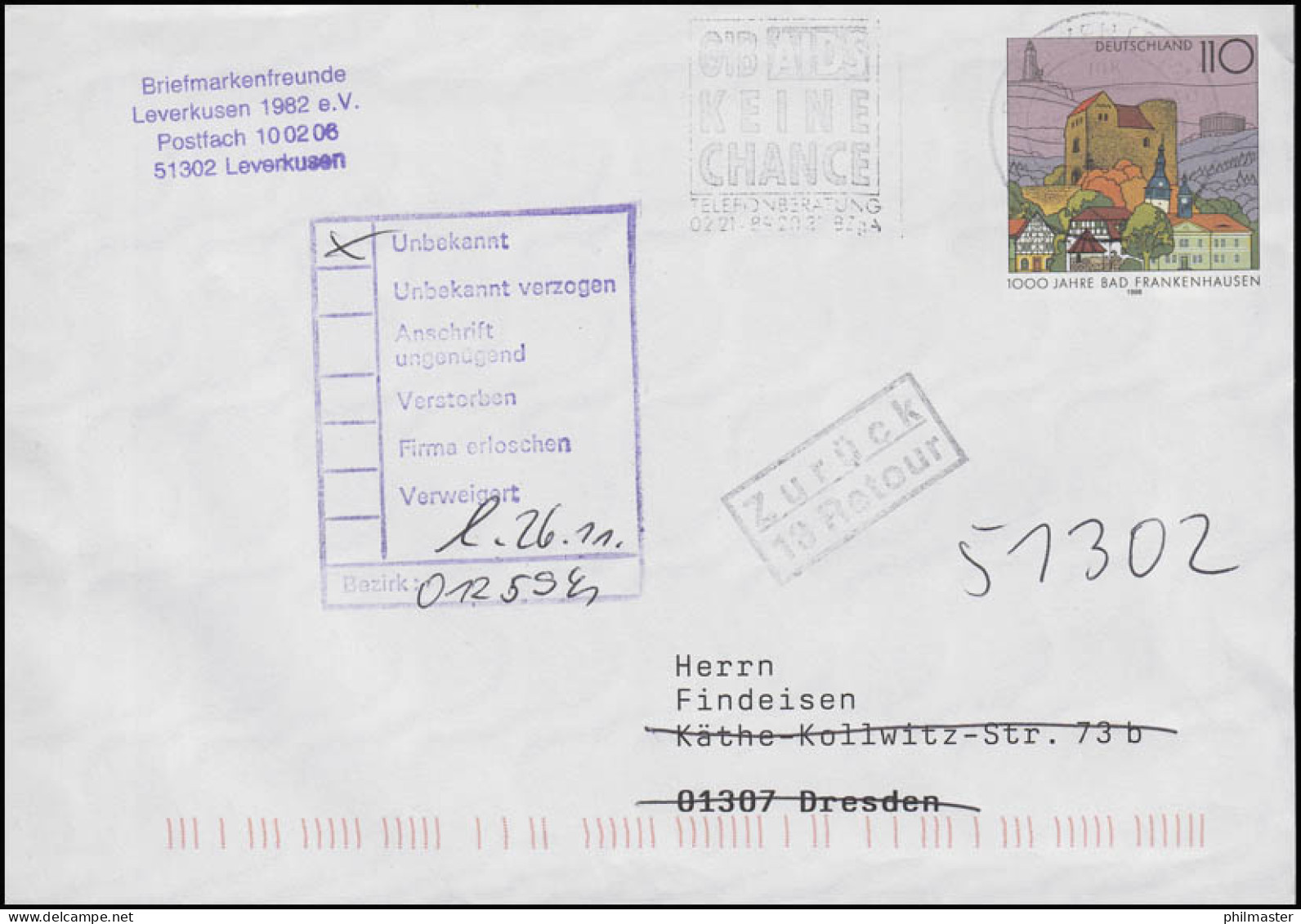 Plusbrief USo 5 AIY Bad Frankenhausen, Berlin-Zentrum 25.11.98 & Retour-Stempel  - Sobres - Nuevos