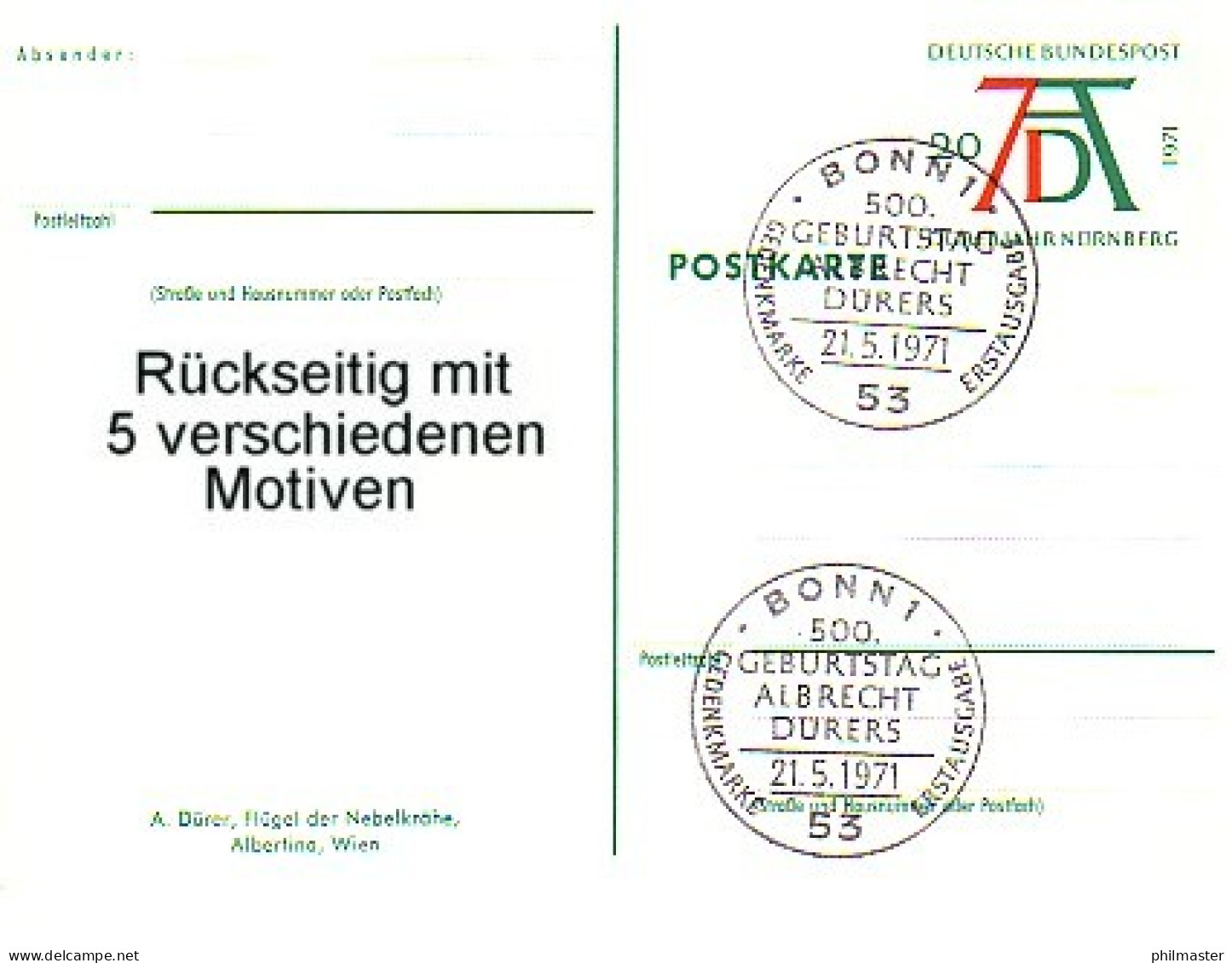 PSo 3/01-05 Dürer - Set 5 Karten Komplett, Alle Mit ESSt Bonn 21.5.1971 - Cartes Postales - Neuves