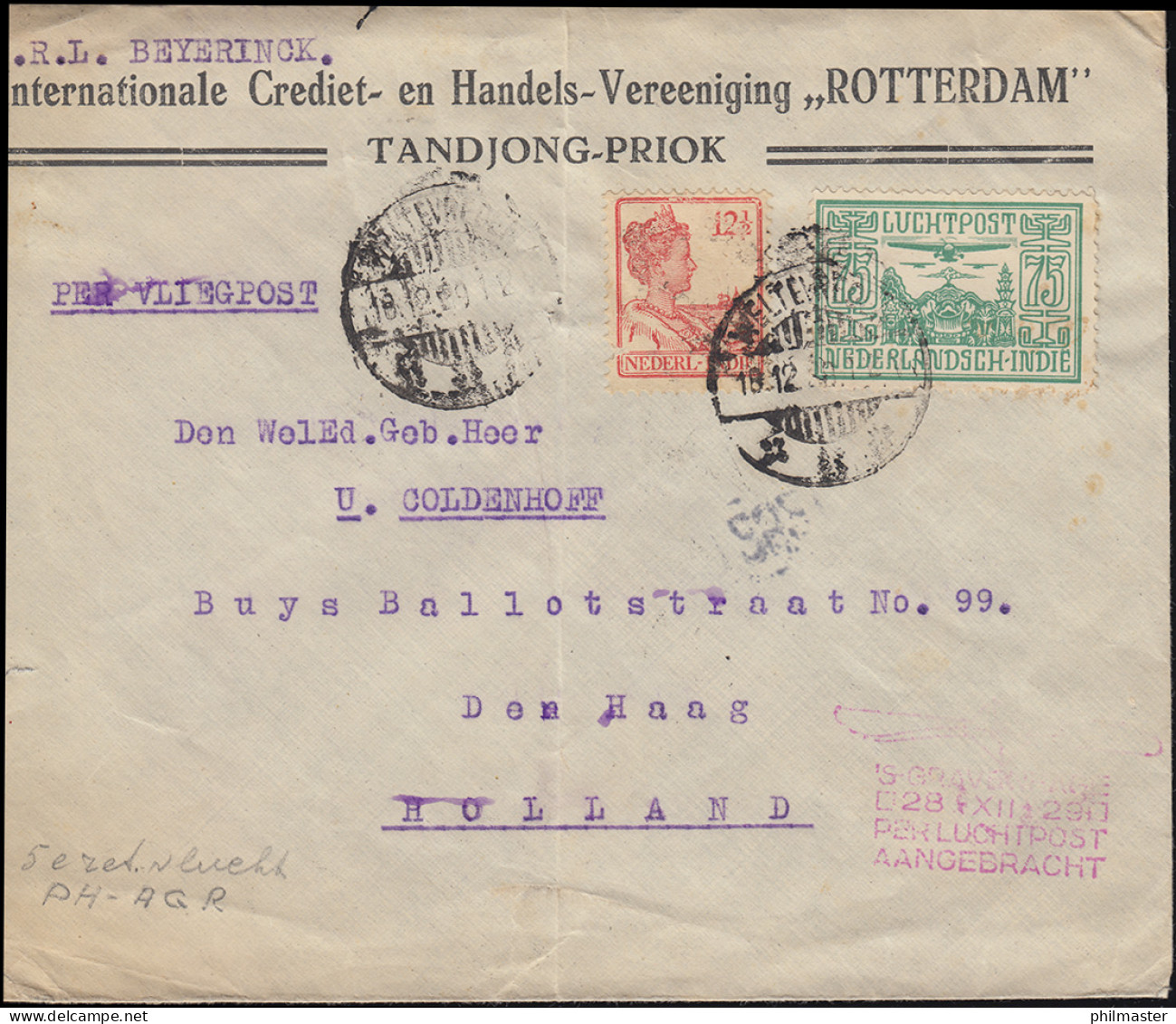 Flugpost Niederl.-Indien - NL Mit Bordstempel S'GRAVENHAGE 28.12.29 N. Den Haag - Poste Aérienne