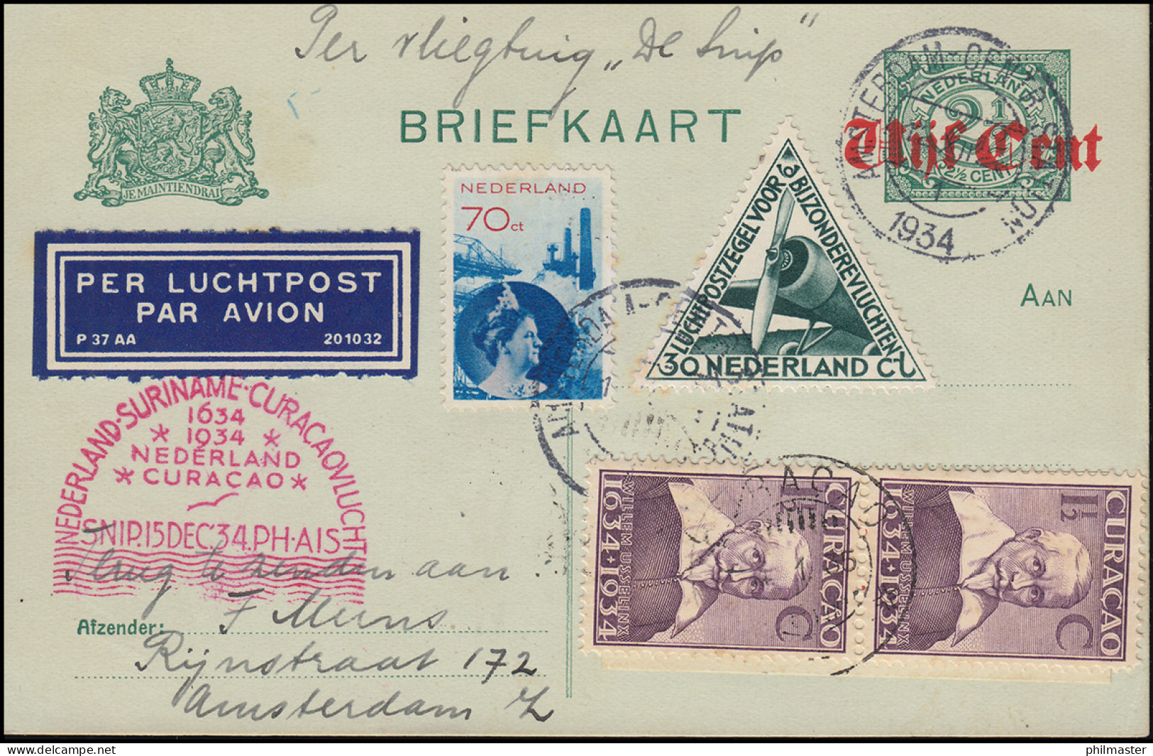 KLM-Luftpost NL-Suriname-Curacao Snip 15.12.34 AMSTERDAM 12.12.34 Und Zurück - Poste Aérienne