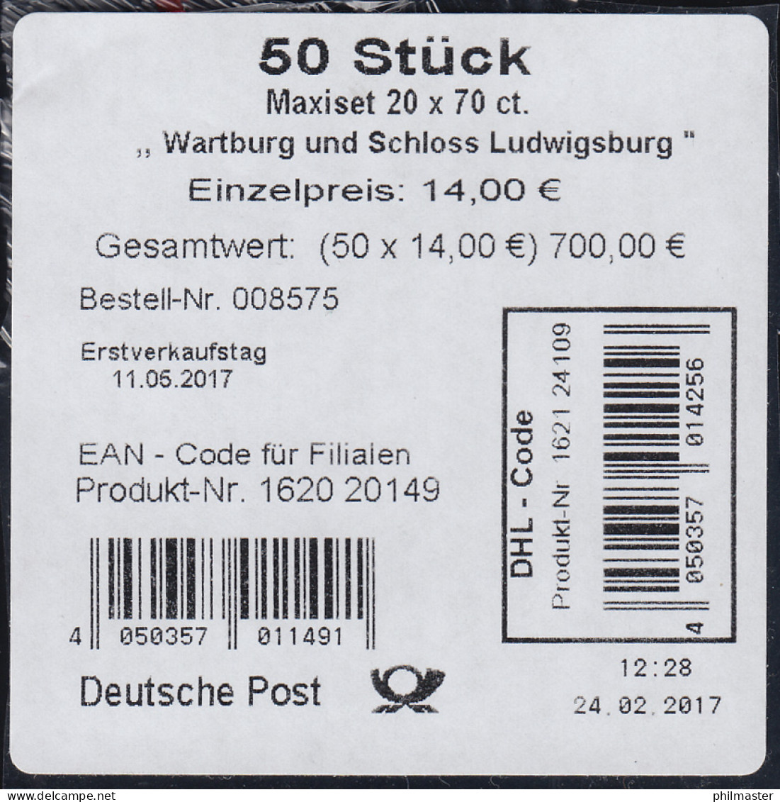 FB 67 Wartburg Und Schloss Ludwigsburg, Folienblatt-BANDEROLE Mit DHL-Code - 2011-2020