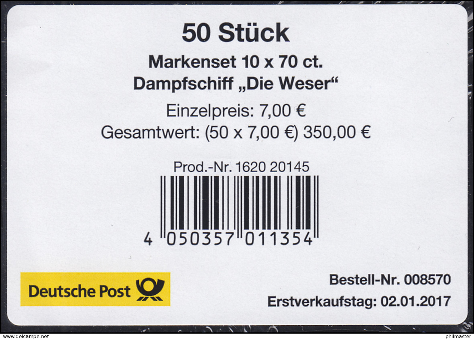 FB 62 Dampfschiff Die Weser 2017, Folienblatt-BANDEROLE Ohne DHL-Code - 2011-2020