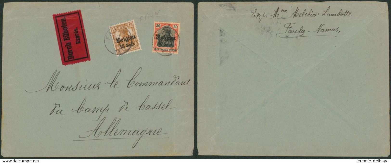 Guerre 14-18 - OC15 Et 19 Sur Lettre En Expres (étiquette) De Faulx (1917) > M. Le Commandant Du Camp De Cassel (AL) - OC1/25 Generaal Gouvernement