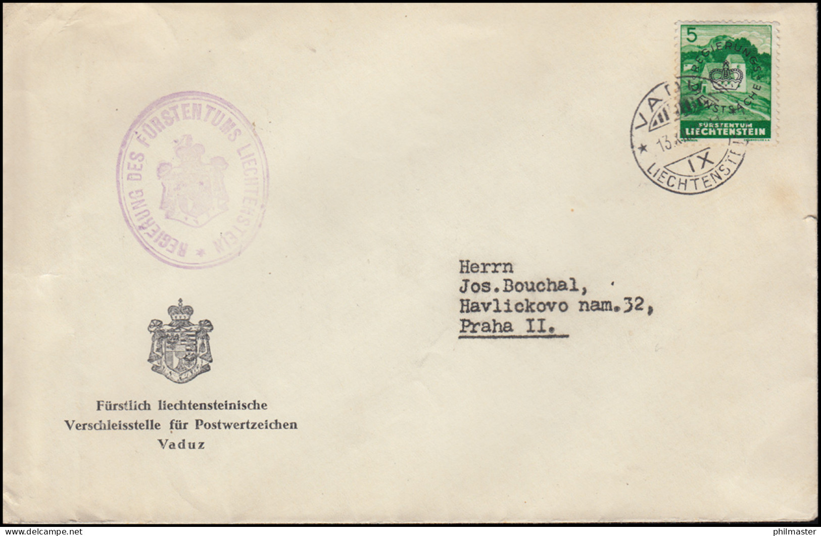 Dienst D 20 Aufdruckmarke 5 Rp Regierungs-Drucksache VADUZ 13.12.1939 Nach Prag - Dienstmarken