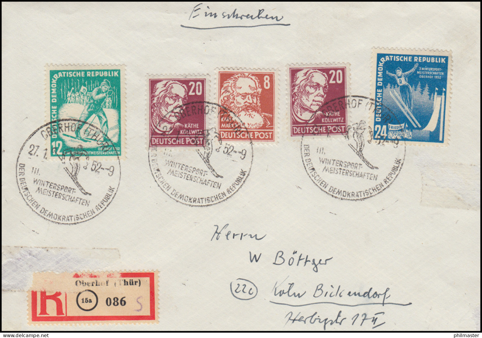 298-299 Wintersportmeisterschaften Mit Zusatzfr. MiF R-Brief SSt OBERHOF 27.1.52 - Winter (Other)