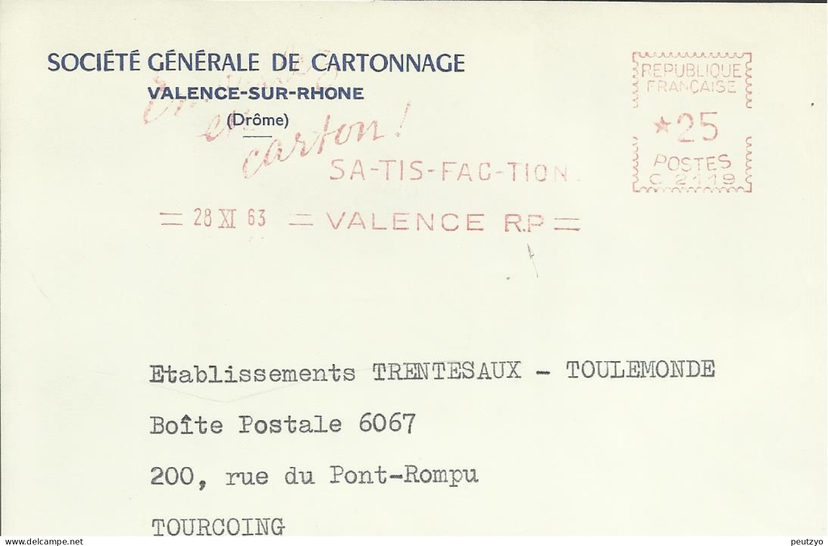 Lettre  EMA  Havas C 1963 Societe Generale De Cartonnage  Papiers Metier 26  VALENCE  A20/24 - Fabrieken En Industrieën