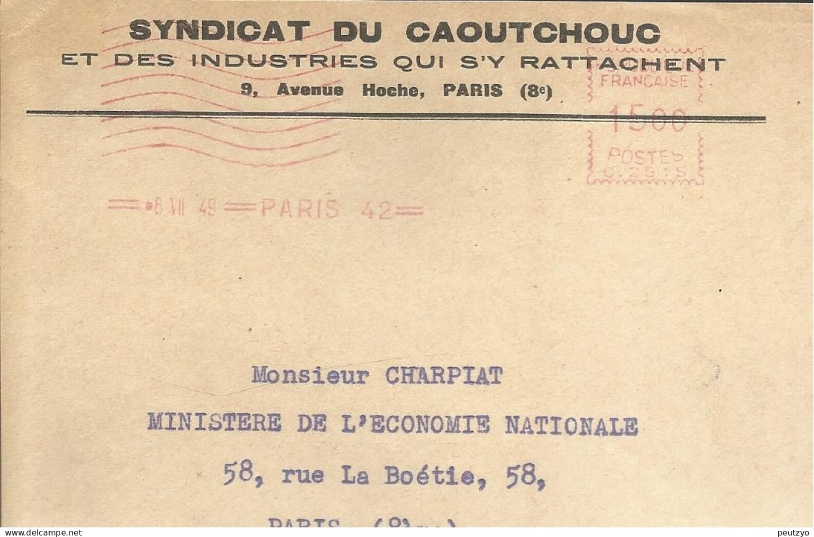 Lettre  EMA  Havas C 1949  Syndicat Du Caoutchouc Metier Organisation 75 Paris  A20/33 - Fabrieken En Industrieën