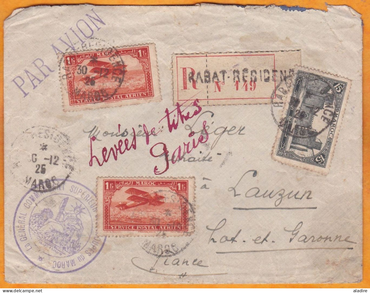 1925 - Enveloppe Par Avion En Franchise Militaire De Rabat Résidence (état Major) Vers Agen - Période Latécoère - Airmail