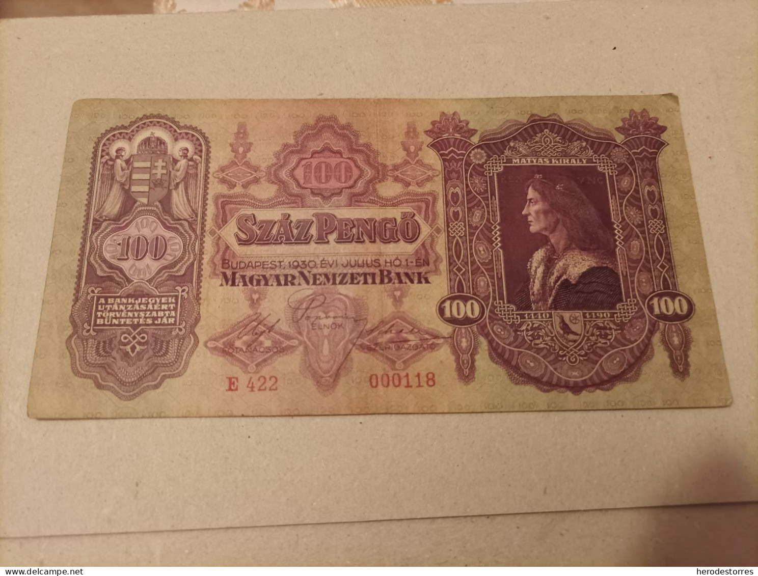 Billete Hungría, 100 Pengo, Año 1930, Nº Bajisimo 000118 - Hongarije