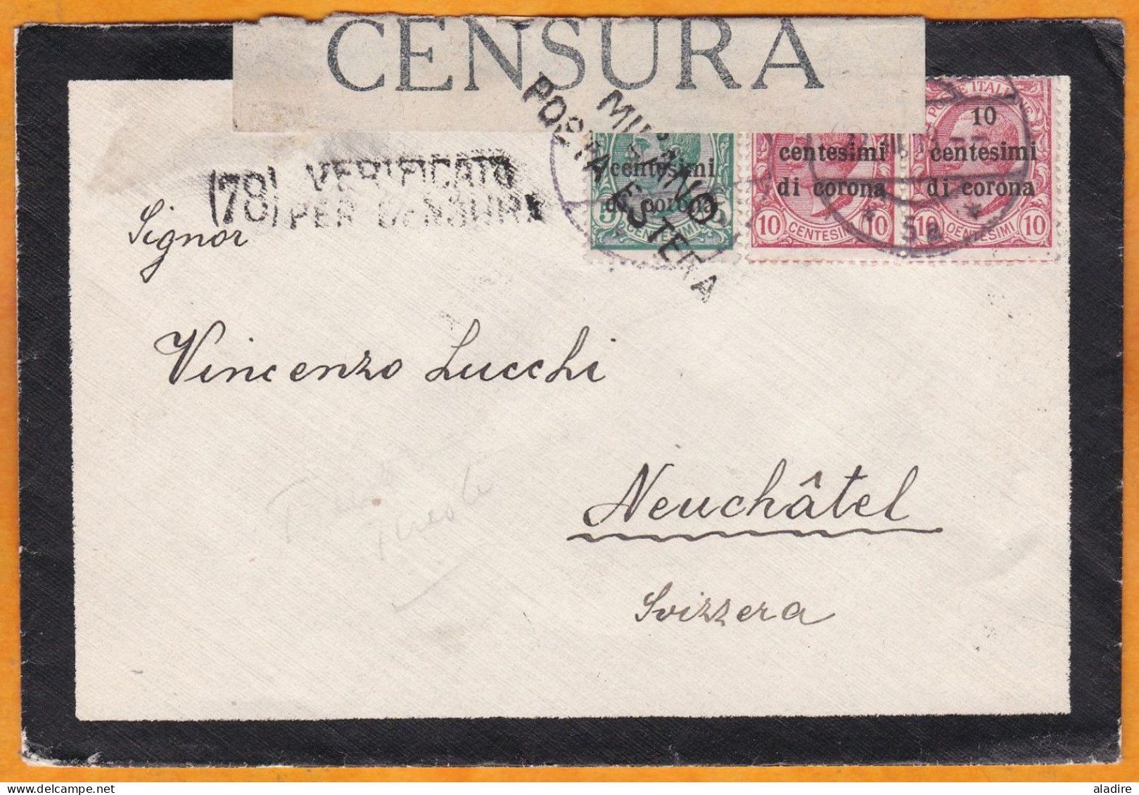 1919 - Enveloppe De TRIESTE Vers NEUCHATEL, Suisse Svizzera - Censura - Milano Posta Estera - 25 Cent - Dalmatien