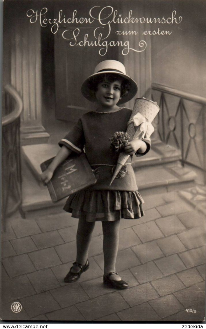 H0820 - Hübsches Kleines Mädchen Mit Hut Und Zuckertüte Schiefertafel - Glückwunschkarte Schulanfang - Einschulung