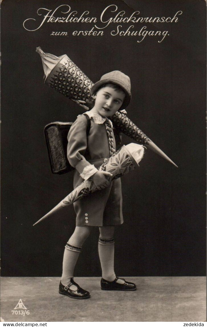 A1357 - Hübsches Kleines Mädchen Mit Hut Und Zuckertüte Ranzen - Glückwunschkarte Schulanfang - Eerste Schooldag