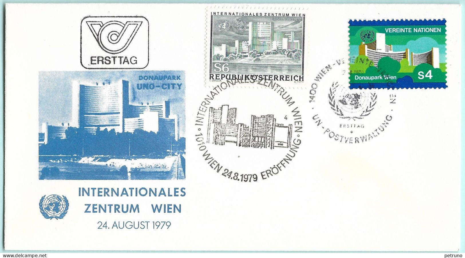 UNO-Wien Kombi FDC 24.8.79,Mi:NT-WN 3,Yt:NT-WN 4, Sg:NT-WN 4 + Zusaztzfrankatur, Mi:AT 1617 Donaupark - Cartas & Documentos