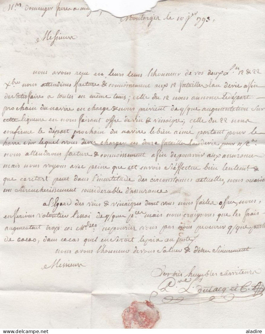 1793 - Marque Postale 43 MONTARGIS En Rouge Sur LAC En Français Vers MUGRON Par TARTAS, Landes - Taxe 12 - 1701-1800: Precursores XVIII