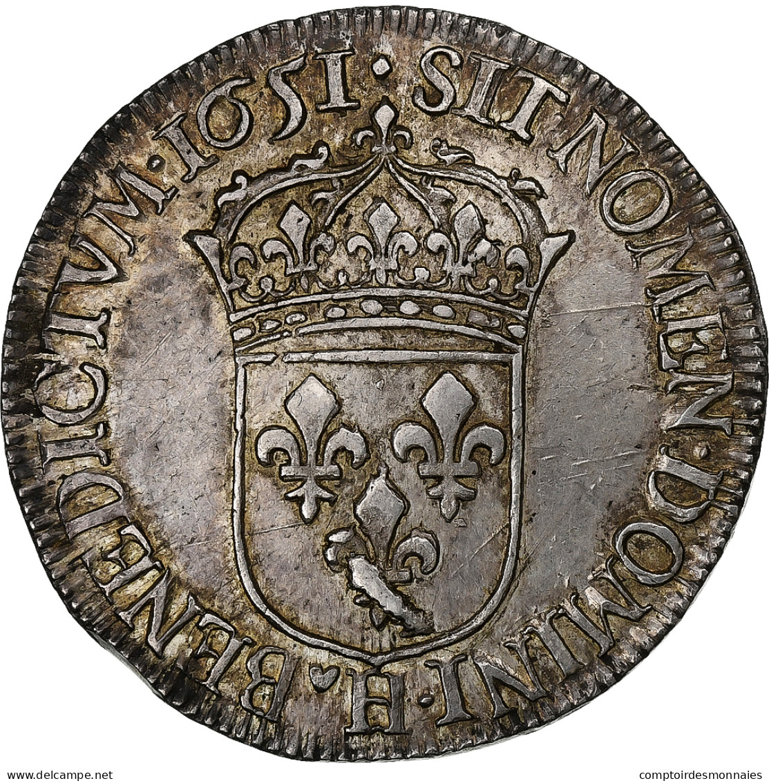 France, Louis XIV, 1/2 Ecu, 1/2 Écu à La Mèche Longue, 1651, La Rochelle - 1643-1715 Luigi XIV El Re Sole