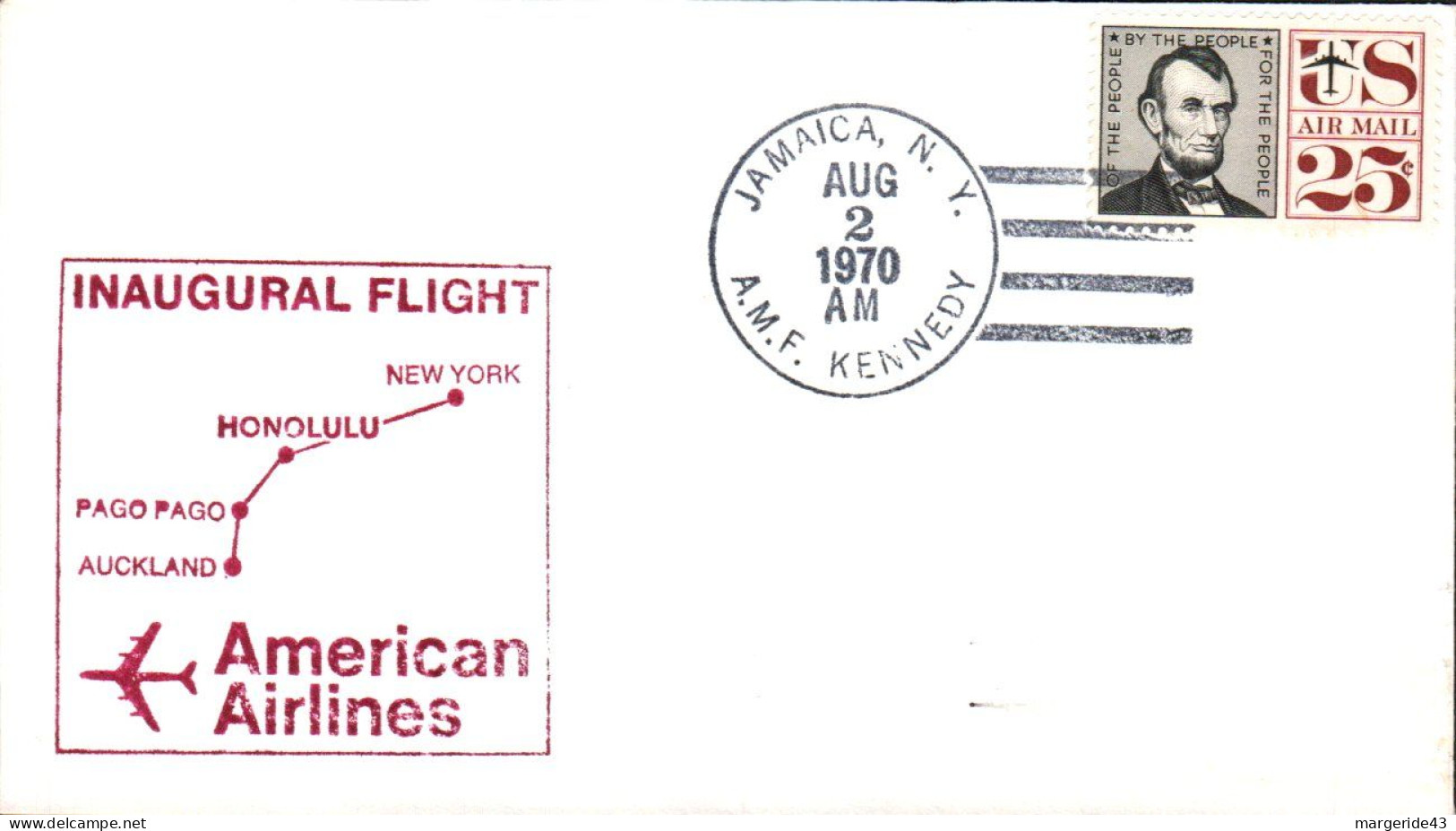 USA ETATS UNIS VOL INAUGURAL AMERICAN AIRLINES JAMAICA-AUCKLAND 1970 - Event Covers