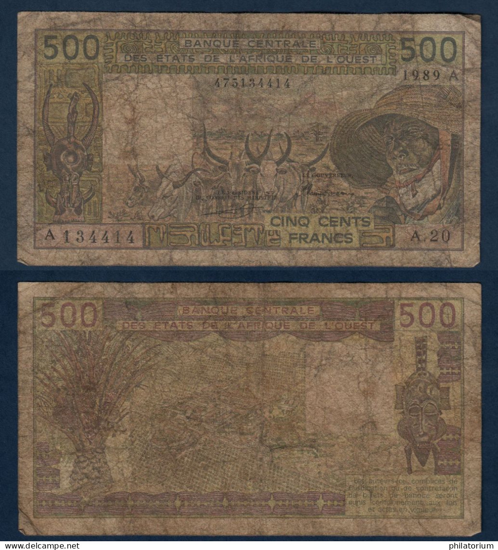 500 Francs CFA, 1989 A, Cote D' Ivoire, A.20, A 134414, Oberthur, P#_06, Banque Centrale États De L'Afrique De L'Ouest - West-Afrikaanse Staten