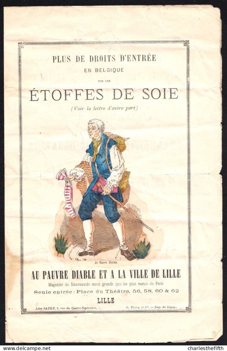 DEPLIANT LITHO Vers 1890 - AU PAUVRE DIABLE ET LA VILLE DE LILLE - ETOFFES DE SOIE - PRENDRE A CHARGE FRAIS DOUANE - Advertising