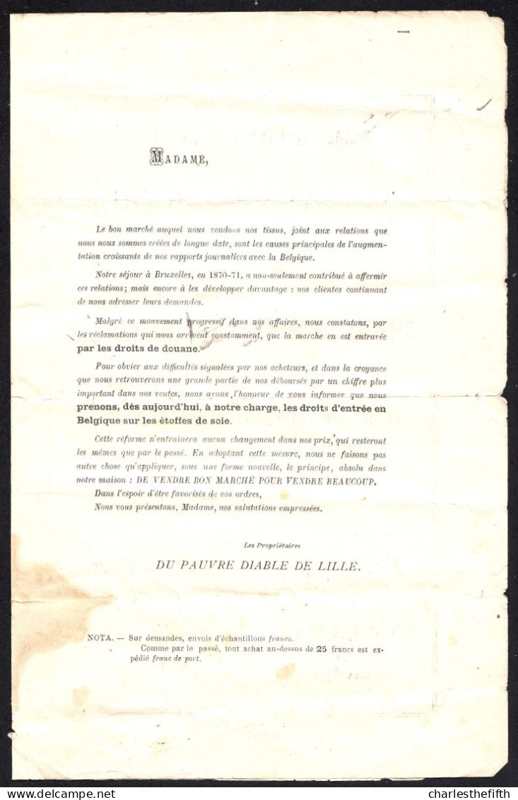 DEPLIANT LITHO Vers 1890 - AU PAUVRE DIABLE ET LA VILLE DE LILLE - ETOFFES DE SOIE - PRENDRE A CHARGE FRAIS DOUANE - Advertising