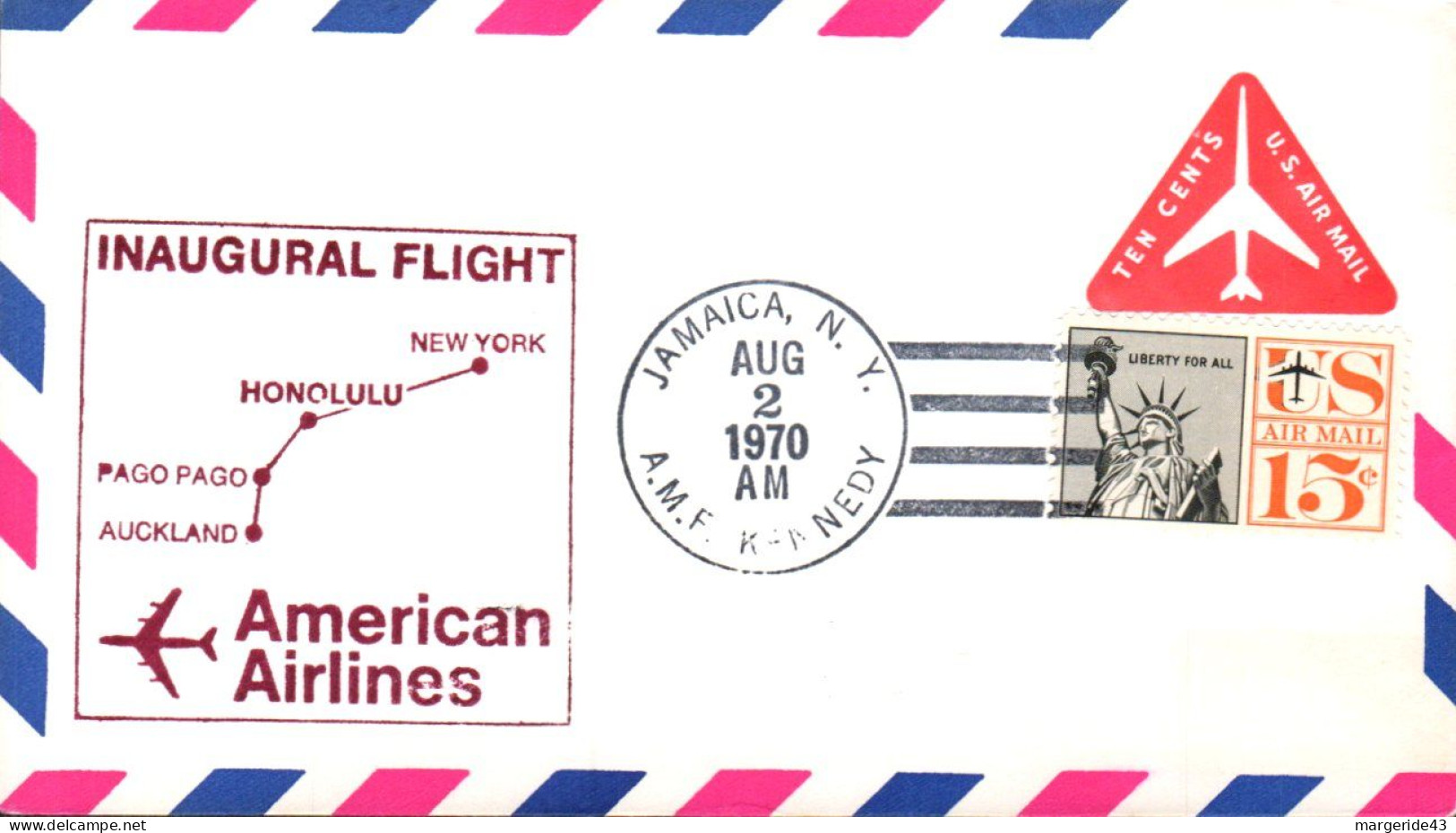 USA ETATS UNIS VOL INAUGURAL AMERICAN AIRLINES NEW YORK-AUCKLAND 1970 - Sobres De Eventos