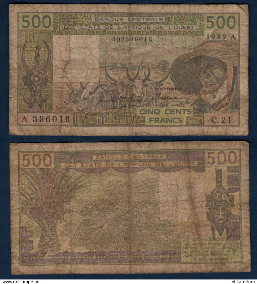 500 Francs CFA, 1989 A, Cote D' Ivoire, C.21, A 396016, Oberthur, P#_06, Banque Centrale États De L'Afrique De L'Ouest - États D'Afrique De L'Ouest