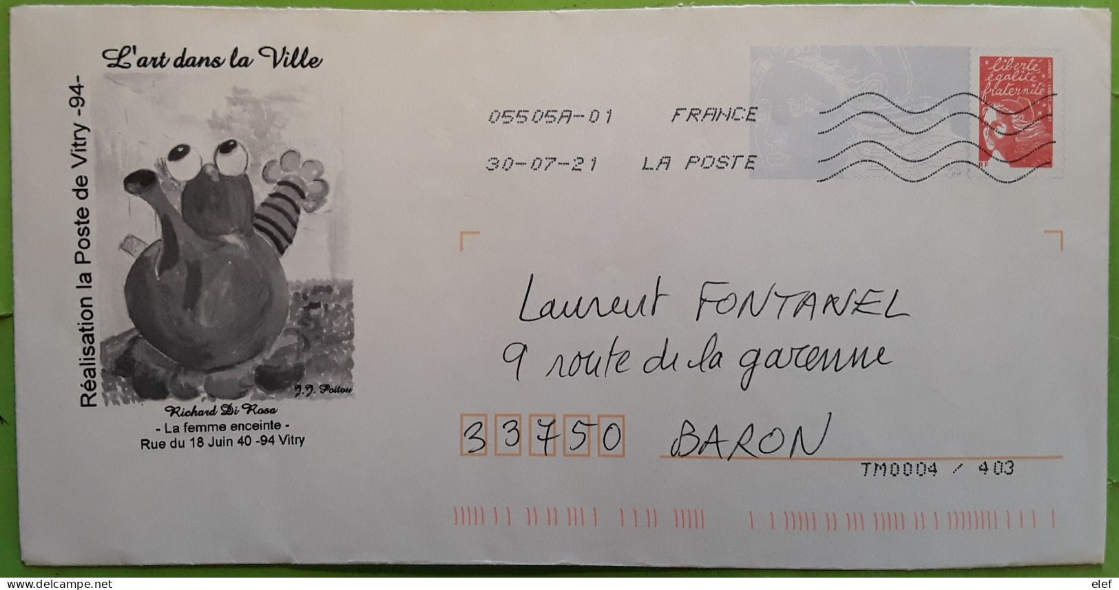 Lettre PAP Luquet Repiquage L'ART DANS LA VILLE Femme Enceinte Richard Di Rosa , VITRY 94 Val De Marne,   TB - PAP: Aufdrucke/Luquet