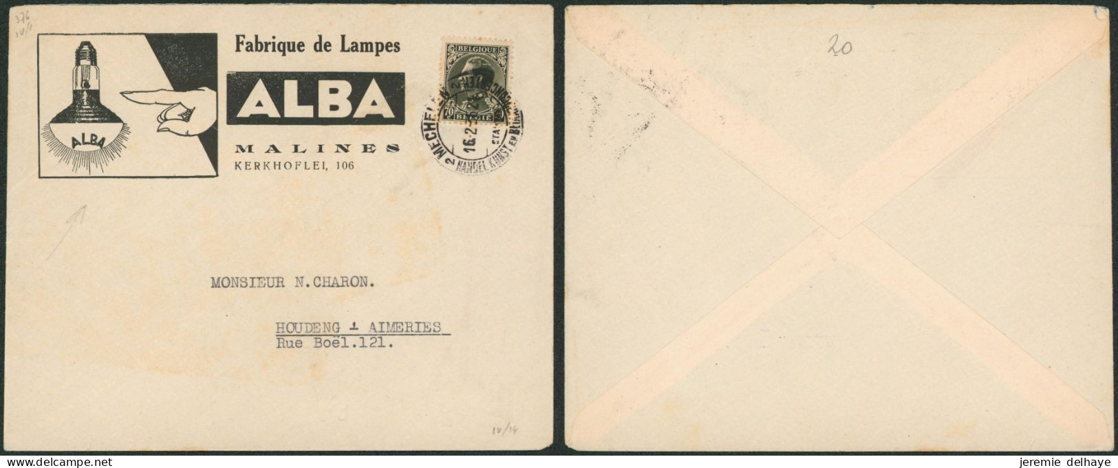 N°401 Sur Lettre PUB (ALBA, Lampes) Expédié De Malines (1935) > Houdeng-Aimeries - 1921-1925 Kleine Montenez