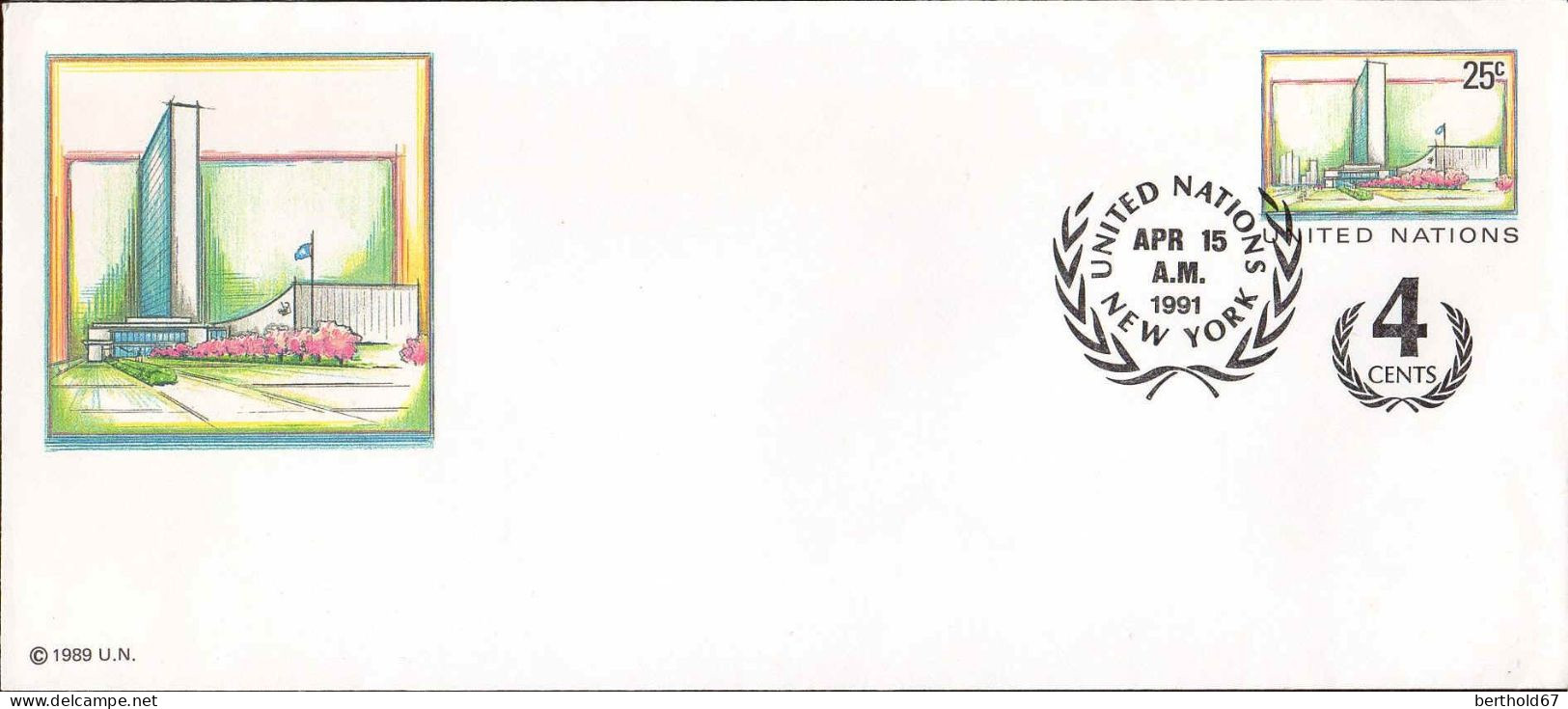 ONU (New-York) Entier-P Fdc (113) United Nations Headquarters Env GdFormat 25c 15apr1991 +4cents - FDC