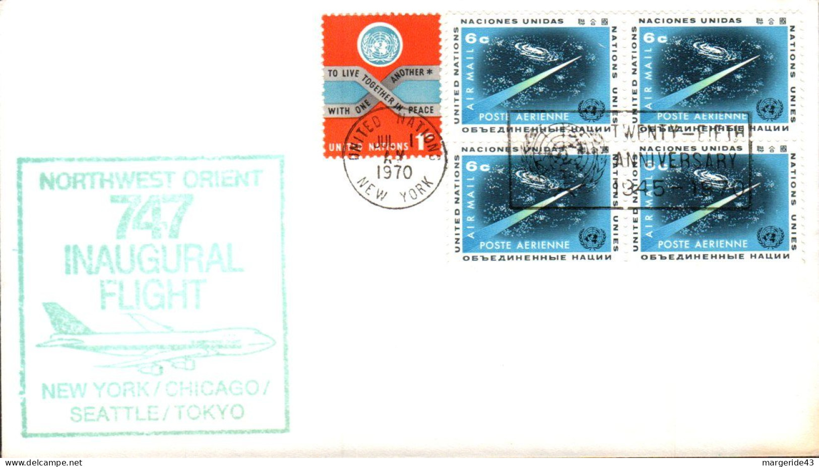 NATIONS UNIES 1970 VOL INAUGURAL NEW-CHICAGO -SEATTLE- TOKYO 1970 - Cartas & Documentos