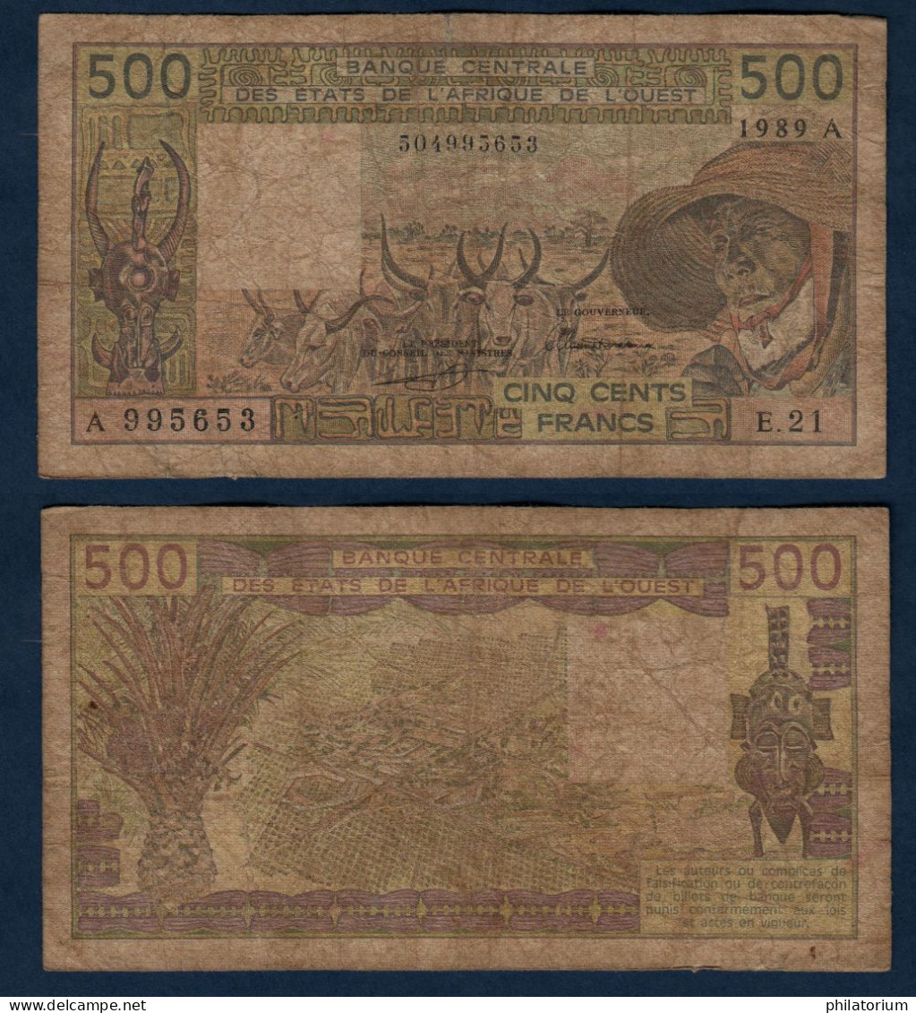 500 Francs CFA, 1989 A, Cote D' Ivoire, E.21, A 995653, Oberthur, P#_06, Banque Centrale États De L'Afrique De L'Ouest - États D'Afrique De L'Ouest