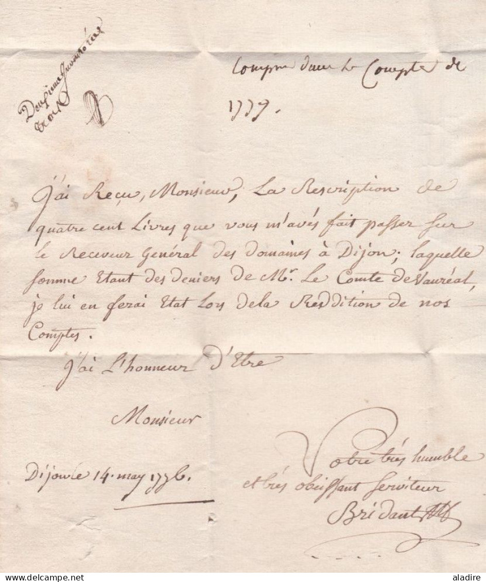 1776 - Marque Postale DIJON ( 22 X 7 Mm ) Sur Lettre Pliée Avec Correspondance Vers Paris - Taxe 8 - Règne De Louis XVI - 1701-1800: Précurseurs XVIII