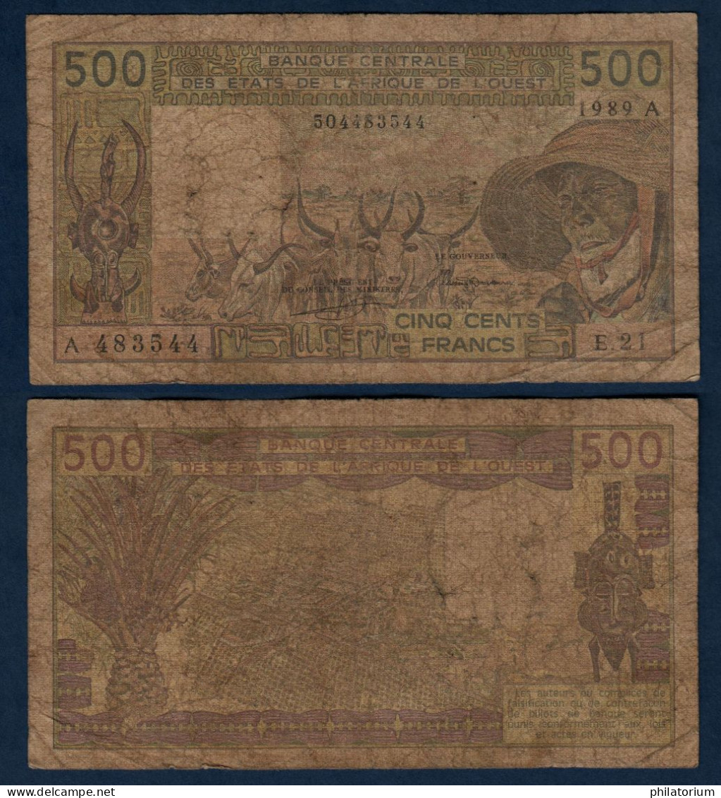 500 Francs CFA, 1989 A, Cote D' Ivoire, E.21, A 483544, Oberthur, P#_06, Banque Centrale États De L'Afrique De L'Ouest - Estados De Africa Occidental