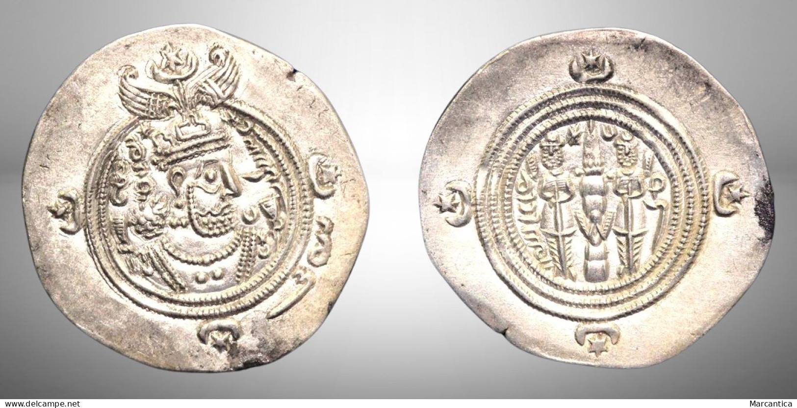 SASANIAN KINGS: Khosrau II, 591-628 AD. AR Drachm. Standard Issue, Afzoud Type, Mint Marw (MR), Year 25. - Autres & Non Classés