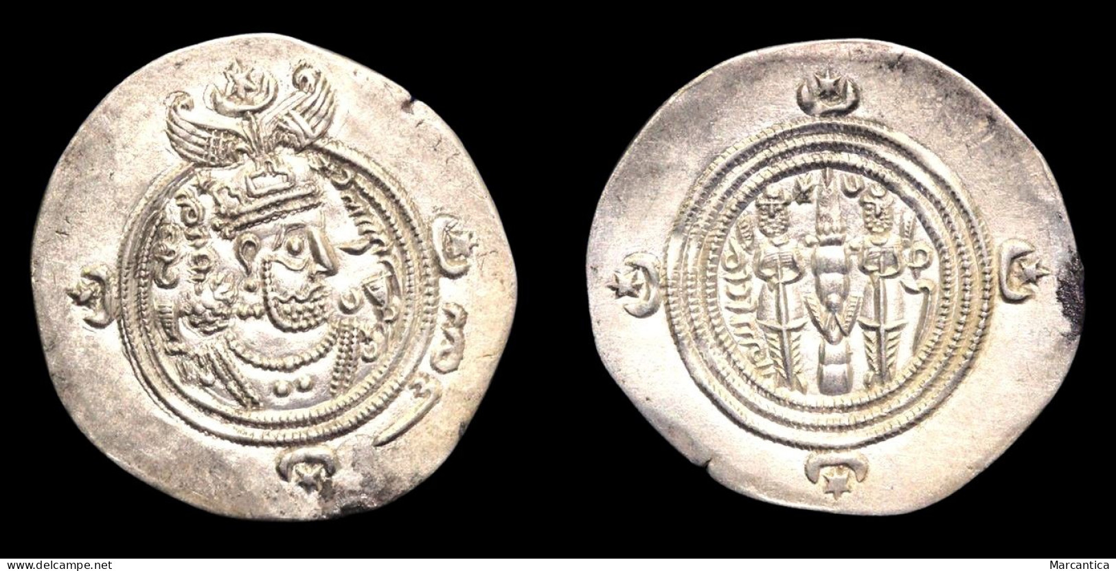 SASANIAN KINGS: Khosrau II, 591-628 AD. AR Drachm. Standard Issue, Afzoud Type, Mint Marw (MR), Year 25. - Other & Unclassified