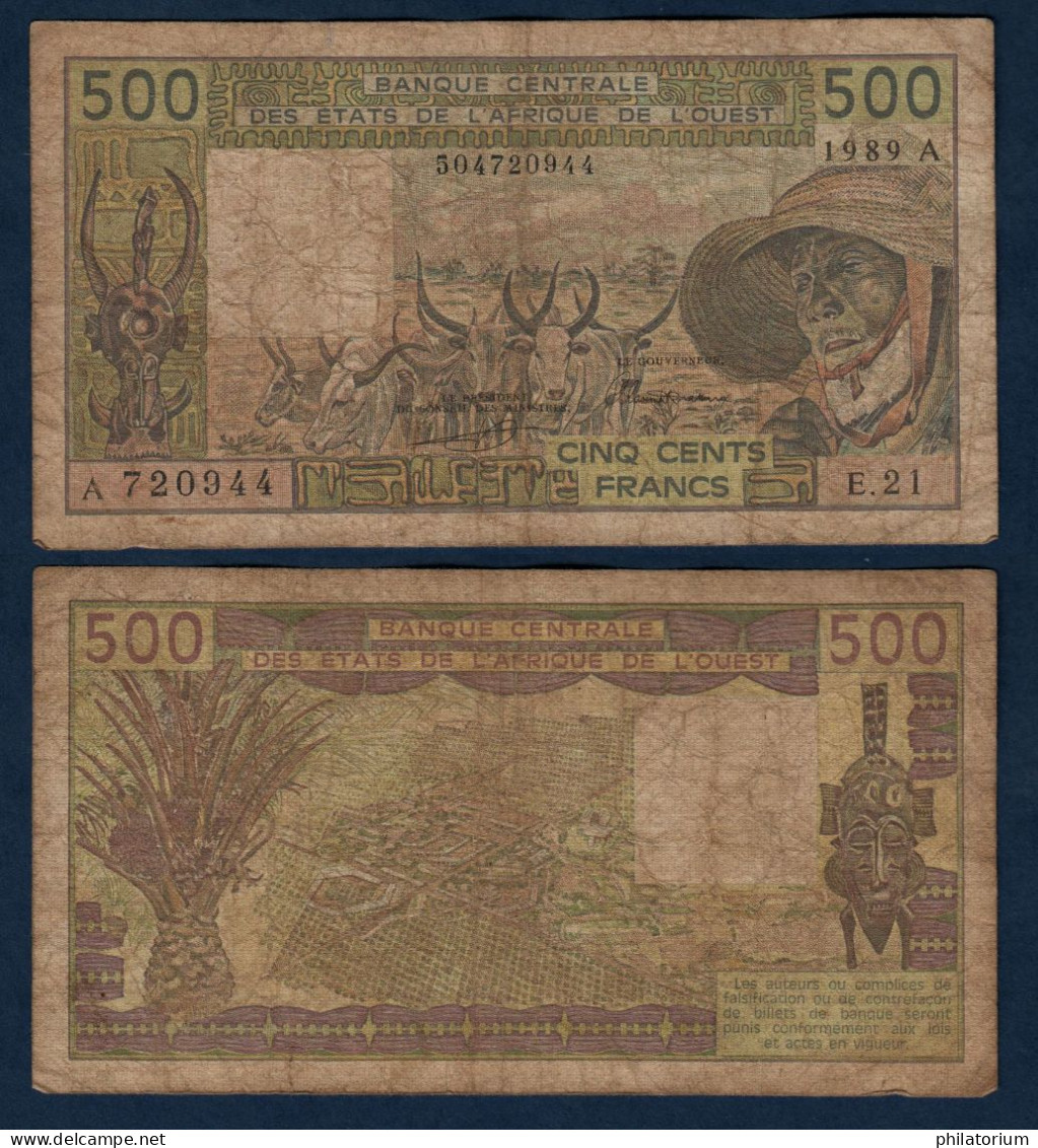 500 Francs CFA, 1989 A, Cote D' Ivoire, E.21, A 720944, Oberthur, P#_06, Banque Centrale États De L'Afrique De L'Ouest - West-Afrikaanse Staten
