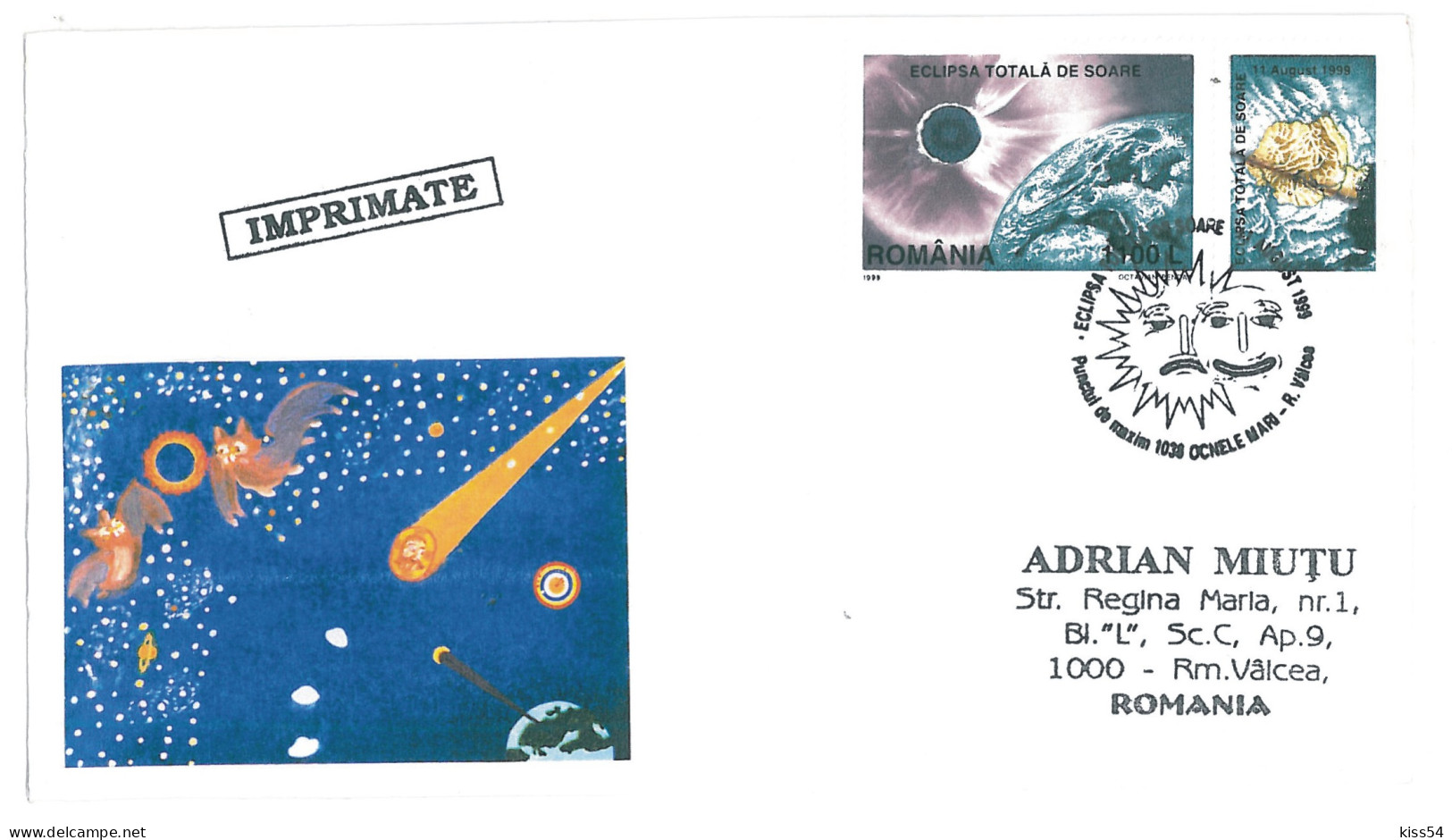 COV 87 - 1513 ASTRONOMY, Total Solar Eclipse, Romania, Stamp With Vignette - Cover - Used - 1999 - Cartes-maximum (CM)