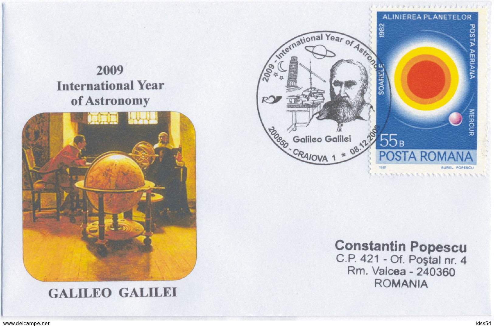 COV 87 - 895 GALILEO GALILEI, Astronomy, Romania - Cover - Used - 2009 - Cartes-maximum (CM)