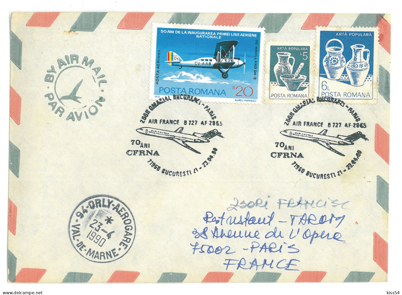 COV 87 - 1075 Flight, BUCAREST-PARIS, France-Romania - Cover - Used - 1990 - Briefe U. Dokumente