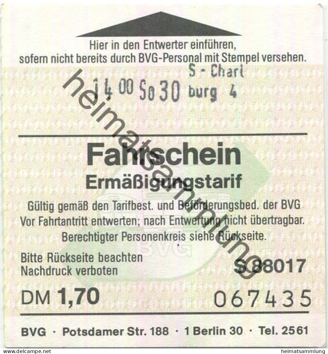 Deutschland - Berlin - BVG - Ermäßigungstarif Fahrschein DM 1,70 1988 - Europe
