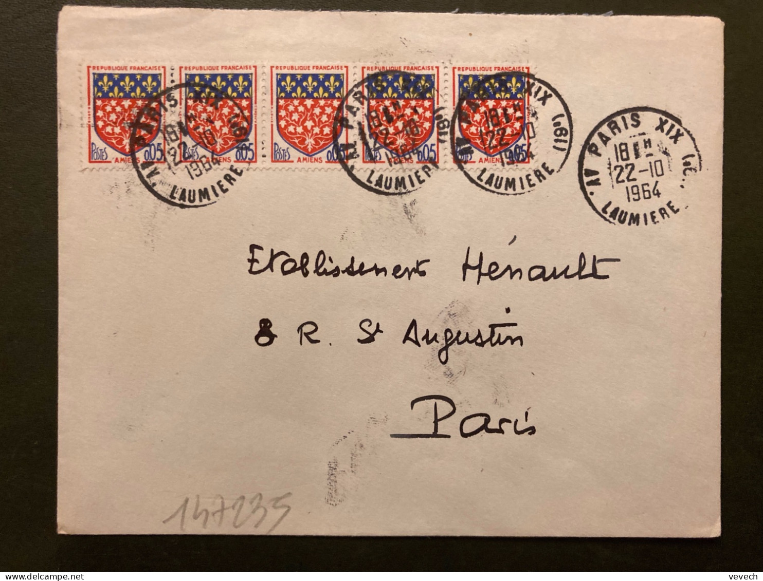 LETTRE TP AMIENS 0,05 Bande De 5 OBL.22-10 1964 PARIS XIX - 1941-66 Coat Of Arms And Heraldry