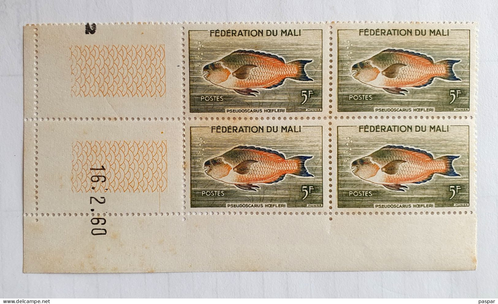 Bloc De 4 Timbres Neufs 5F Fédération Du Mali 1960 Coin Daté 16. 2. 60 - Poisson Pseudoscarus Hoefleri - YT ML2 - Malí (1959-...)