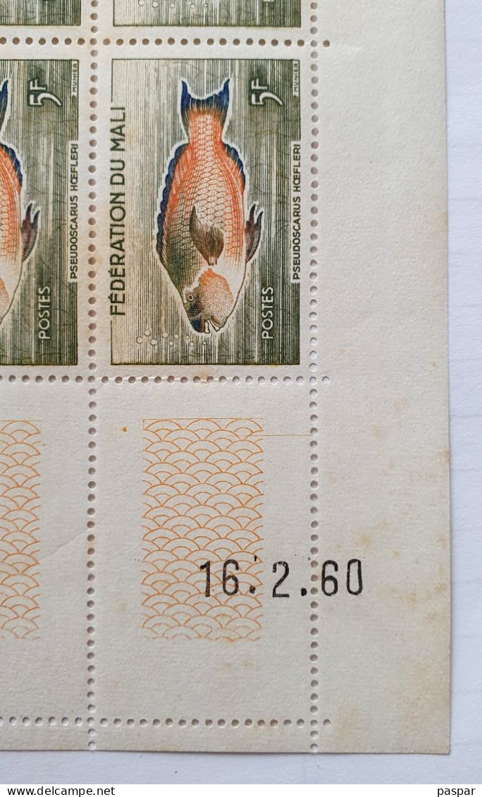 Bloc De 4 Timbres Neufs 5F Fédération Du Mali 1960 Coin Daté 16. 2. 60 - Poisson Pseudoscarus Hoefleri - YT ML2 - Malí (1959-...)