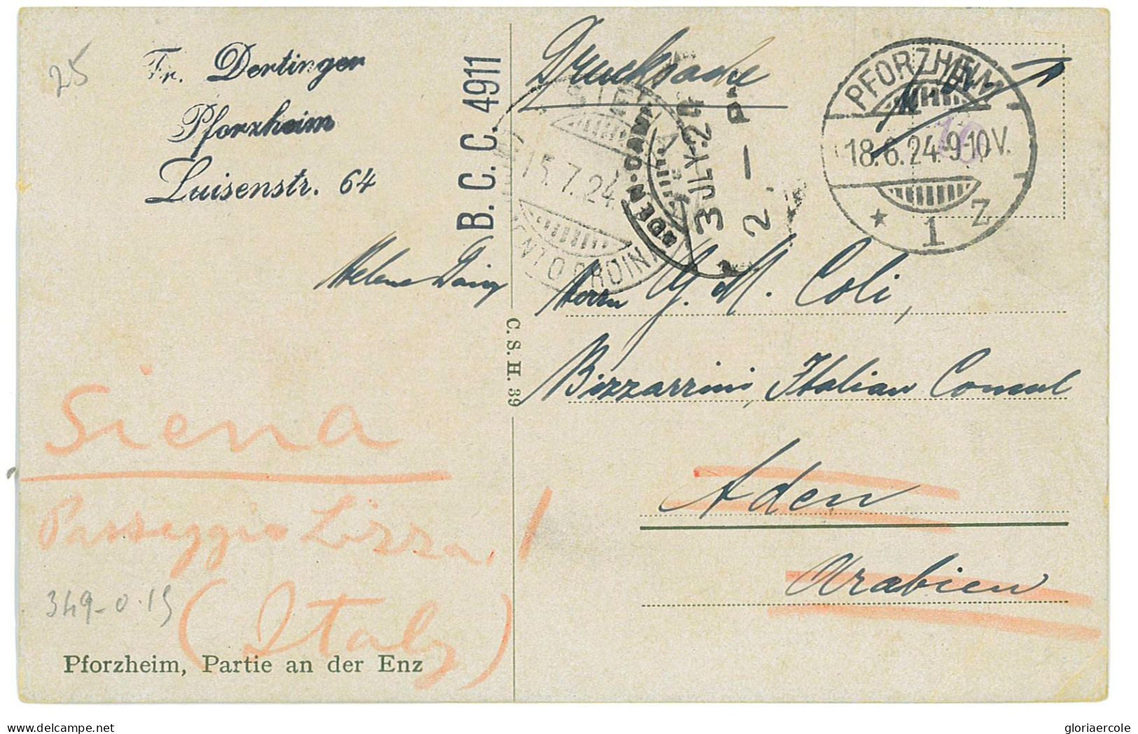 P2694 - Germany Inflation. 18.6.1924, Postcard Send To Aden And Redirected To Siena (Italy) (arrival Cancellation.) - Federated Malay States