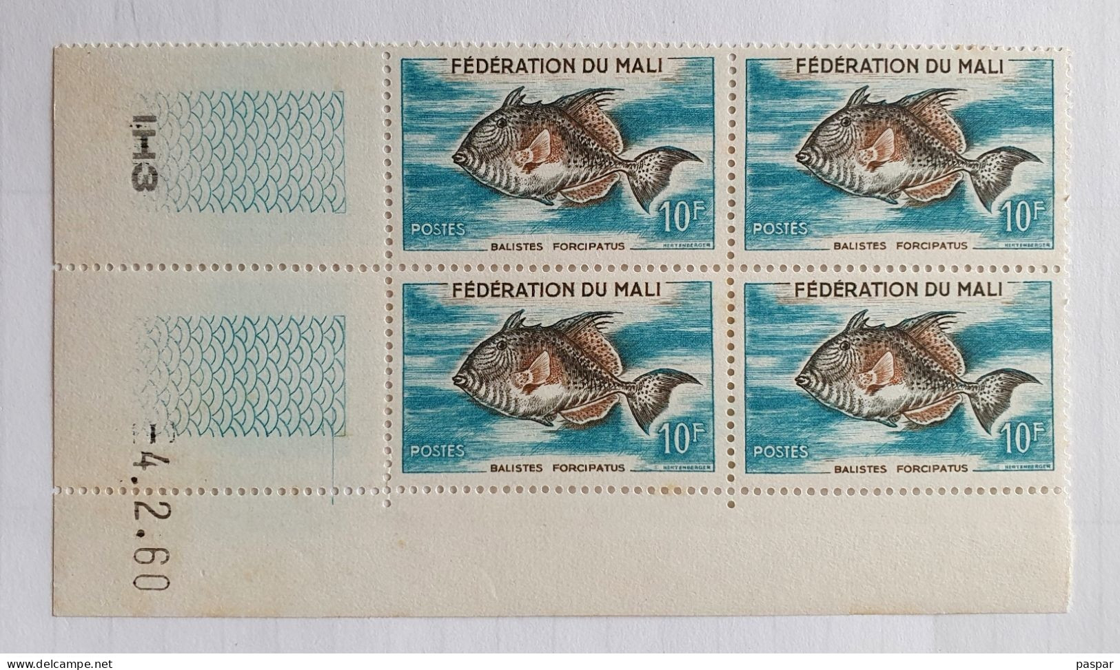 Bloc De 4 Timbres Neufs 10F Fédération Du Mali 1960 Coin Daté 4. 2. 60 - Poisson Balistes Forcipatus - YT ML3 - Malí (1959-...)