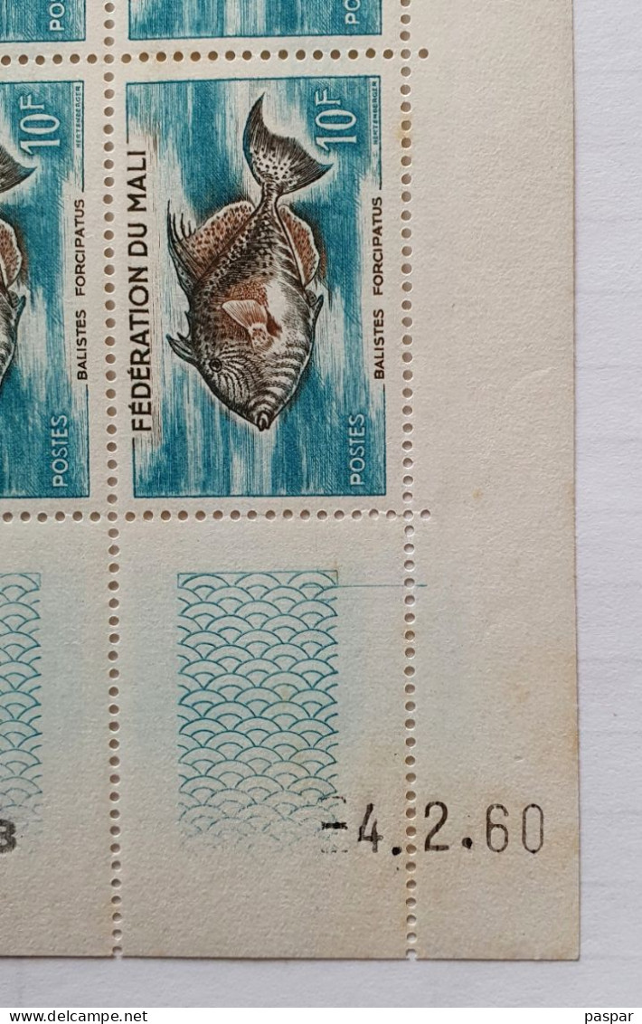 Bloc De 4 Timbres Neufs 10F Fédération Du Mali 1960 Coin Daté 4. 2. 60 - Poisson Balistes Forcipatus - YT ML3 - Malí (1959-...)