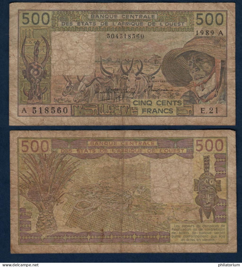 500 Francs CFA, 1989 A, Cote D' Ivoire, E.21, A 518560, Oberthur, P#_06, Banque Centrale États De L'Afrique De L'Ouest - Stati Dell'Africa Occidentale