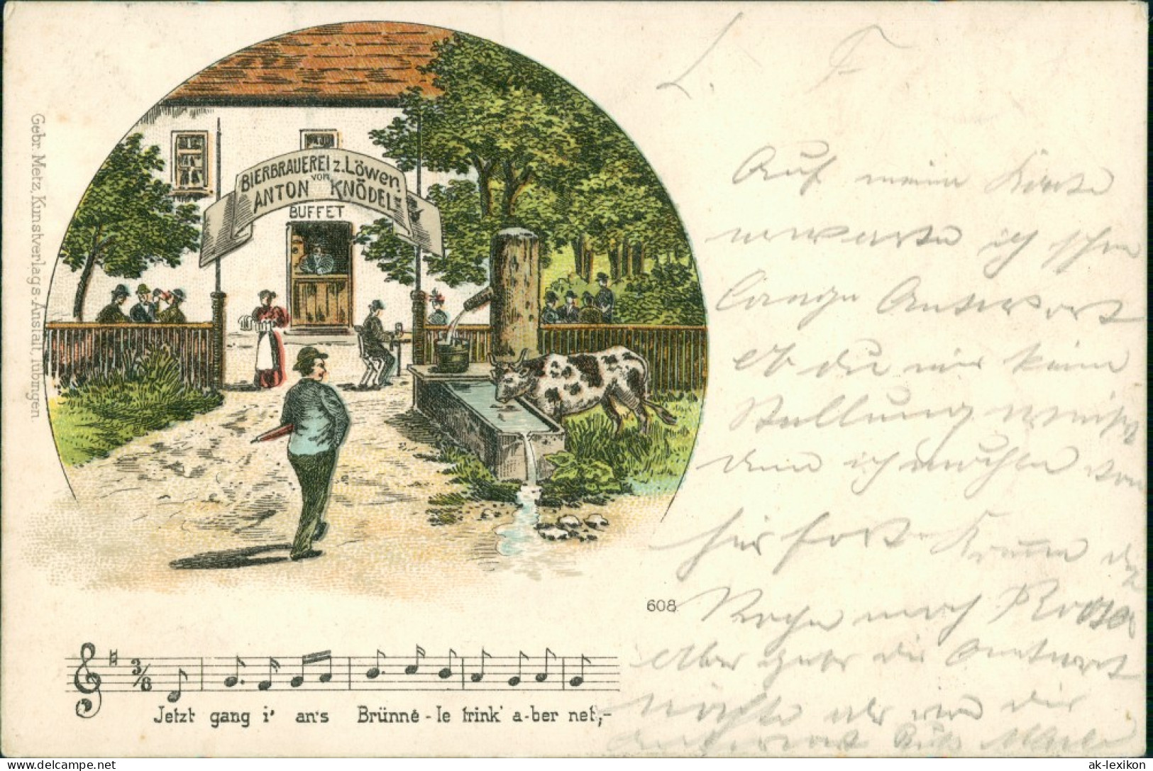 Liedkarte: Jetzt Gang Brünnele, Bierbrauerei Zum Löwen, Anton Von Knödel 1898 - Musica