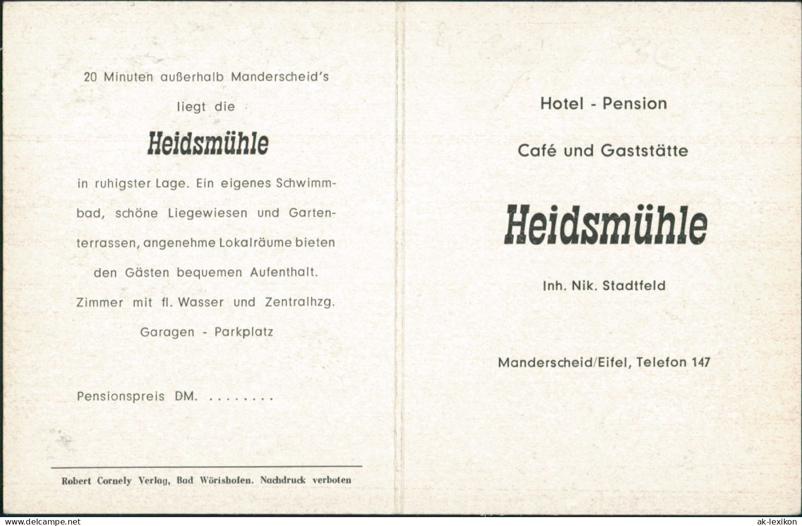 Manderscheid Reklamekarte Café Gaststätte Heidsmühle Inh. Nik. Stadtfeld 1950 - Manderscheid