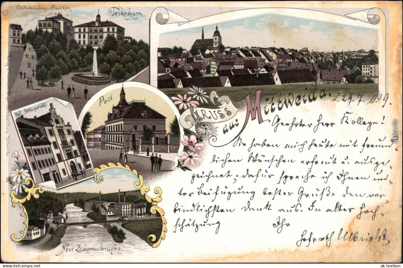 Mittweida Litho: Panorama, Post, Amtsgericht, Zschopaubrücke 1899  - Mittweida